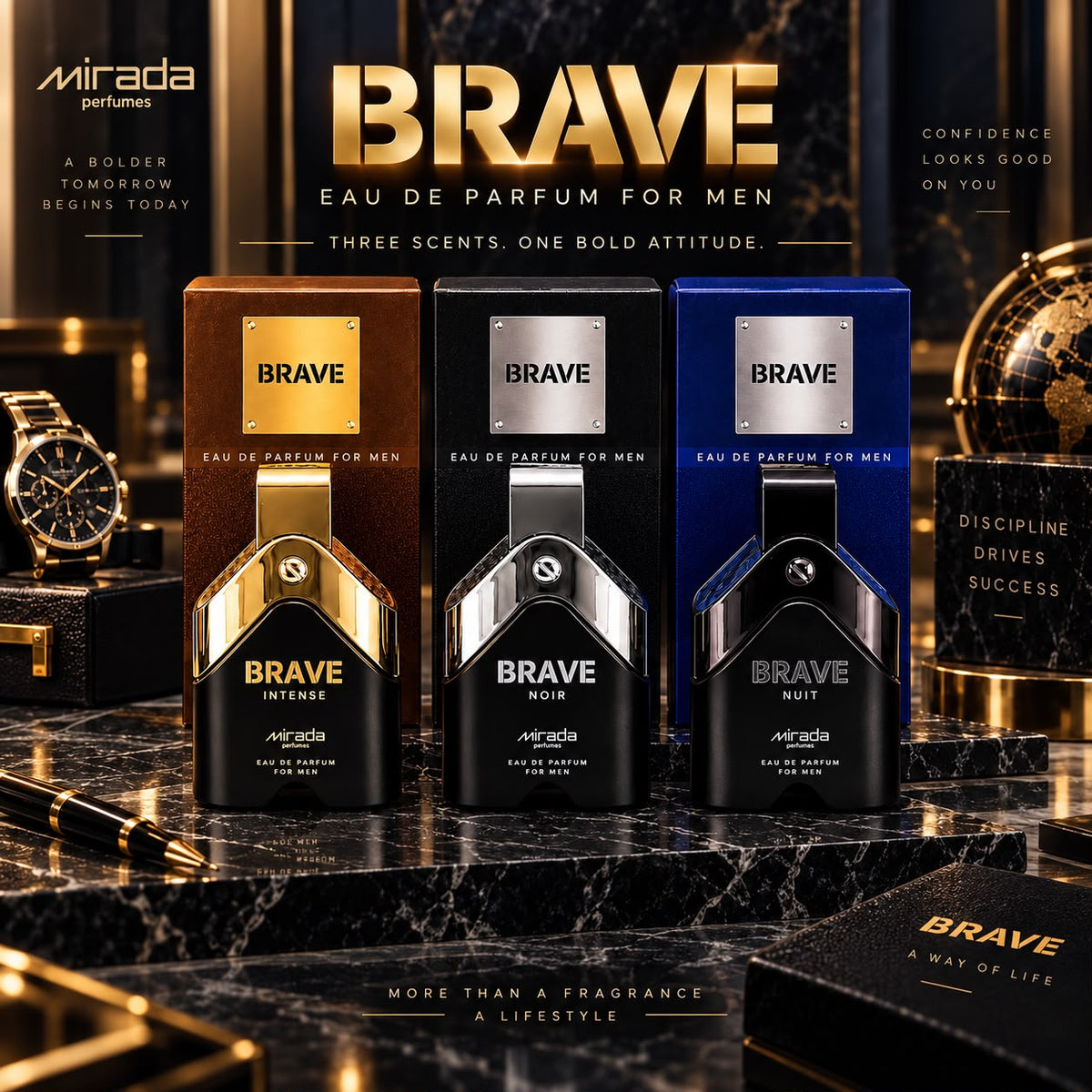 Set Brave by Mirada Intense ,Noir &nuit Eau de Parfum para Hombre