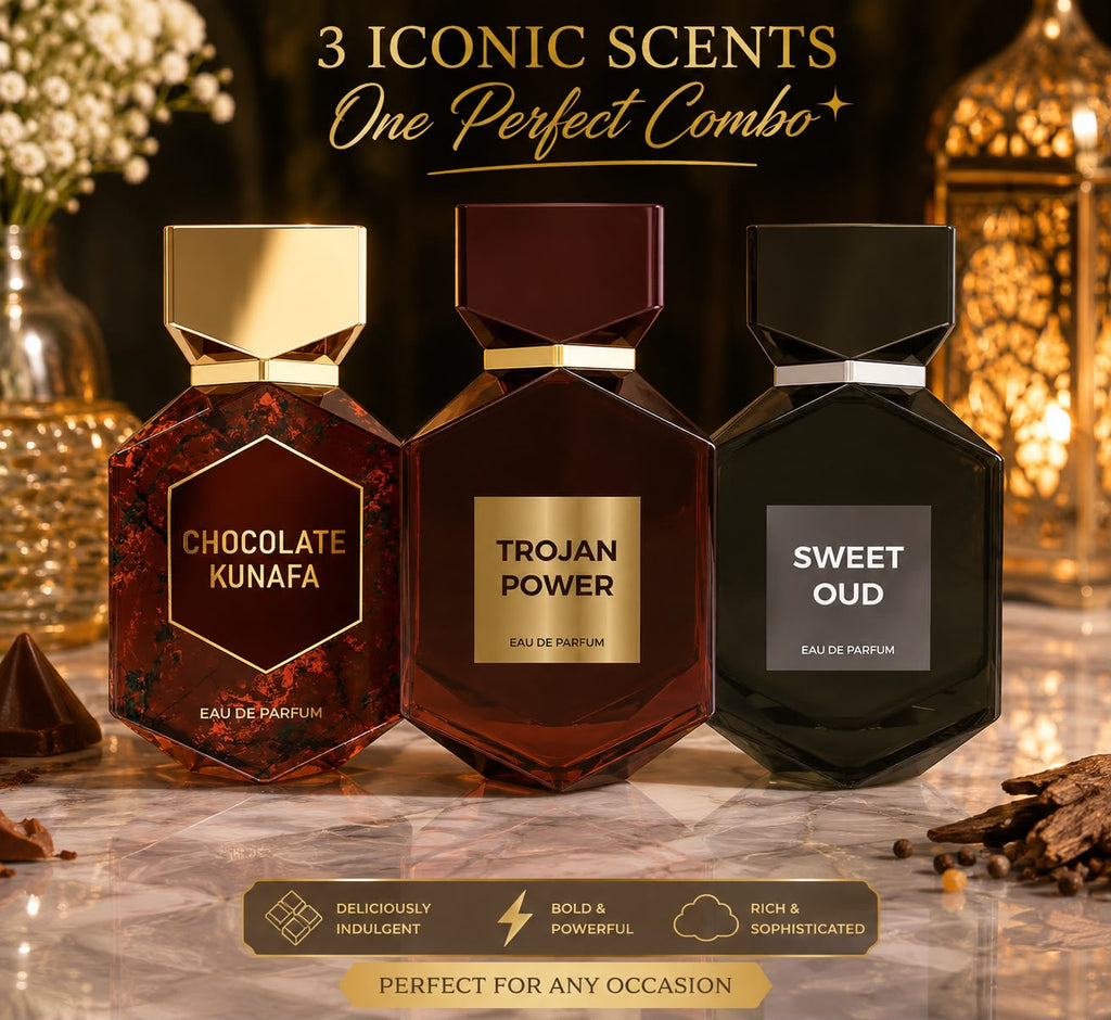 Luxury Trio Perfume Bundle – Chocolate Kunafa, Trojan Power & Sweet Oud | 3 Eau de Parfum