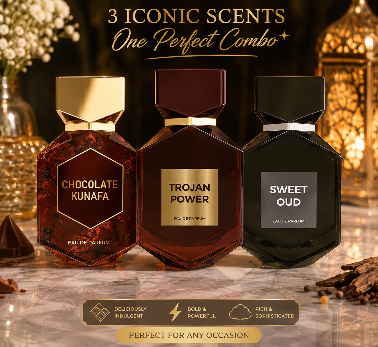 Luxury Trio Perfume Bundle – Chocolate Kunafa, Trojan Power & Sweet Oud | 3 Eau de Parfum