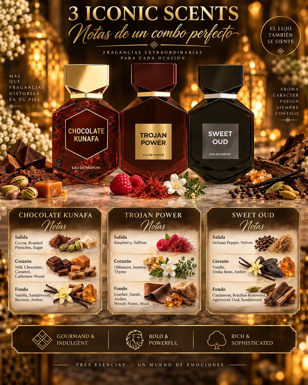 Luxury Trio Perfume Bundle – Chocolate Kunafa, Trojan Power & Sweet Oud | 3 Eau de Parfum