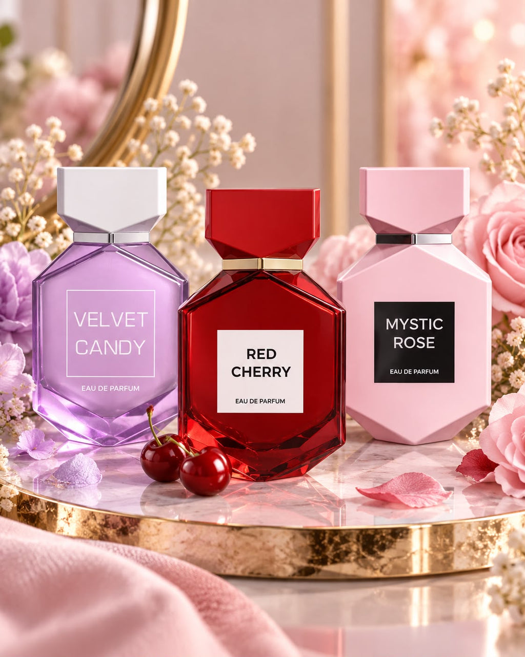 Trío de Fragancias Velvet Candy, Red Cherry & Mystic Rose – Eau de Parfum