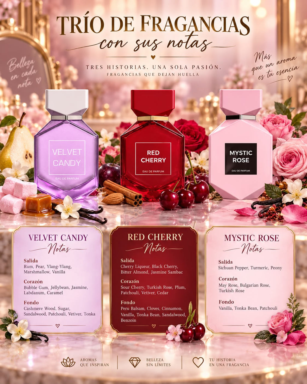 Trío de Fragancias Velvet Candy, Red Cherry & Mystic Rose – Eau de Parfum