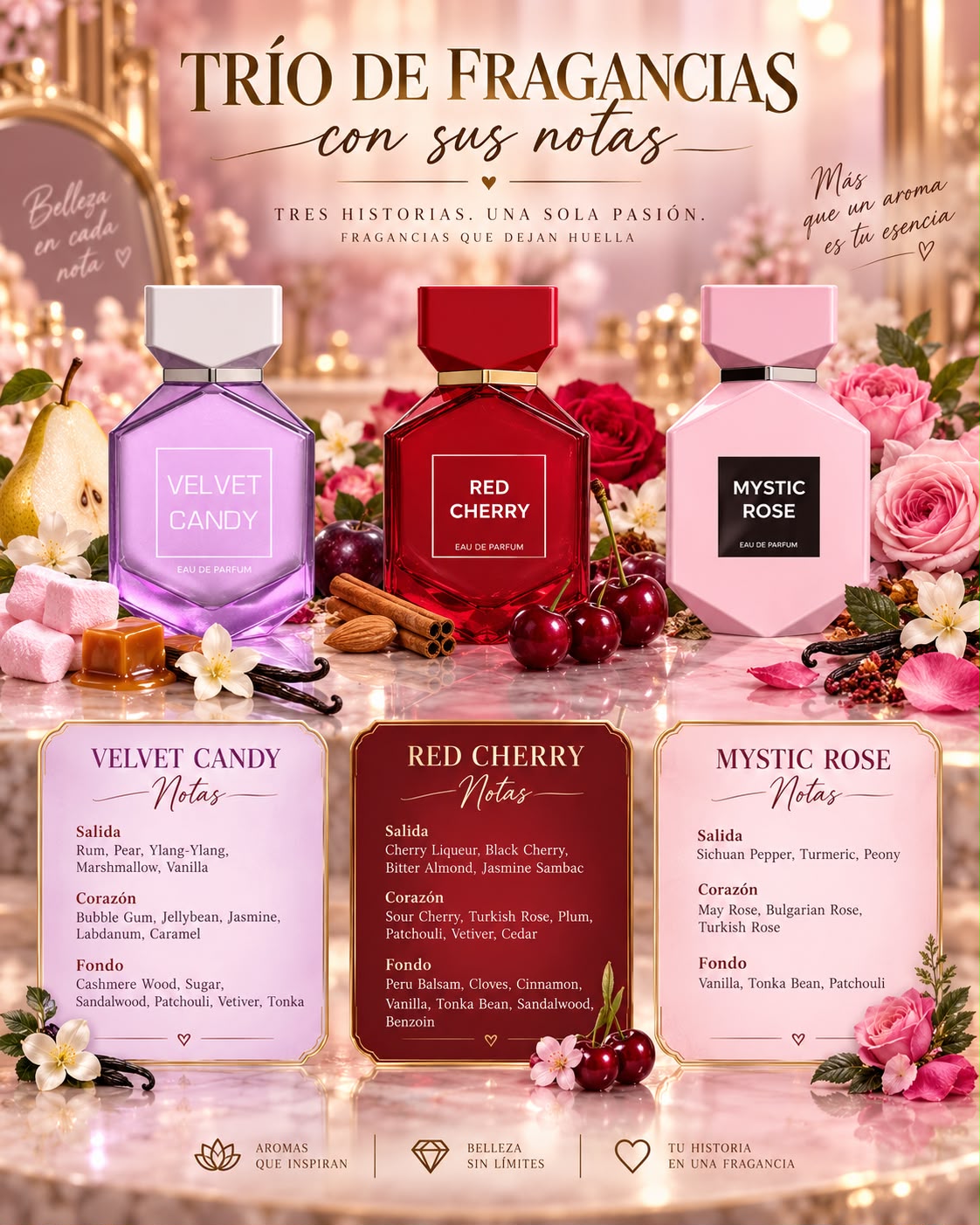 Trío de Fragancias Velvet Candy, Red Cherry & Mystic Rose – Eau de Parfum